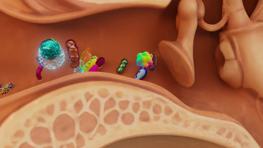 Conceptual 3D animation of bacteria infecting the human ear