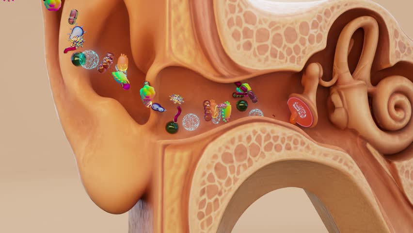 Conceptual 3D animation of bacteria infecting the human ear