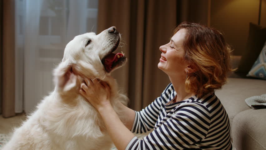Beautiful woman playing with her dog indoors.Girl scratching lovely dog behind ears sitting home floor together close up. Cheerful canine owner expressing love to adorable animal. Smiling woman