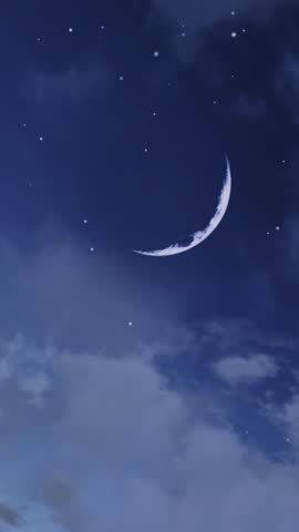 Dreamlike starry night sky with fantastic big half moon and falling stars meteor shower among cumulus clouds. Magic nighttime cloudy heaven and new moon natural background, vertical shot 3D animation.