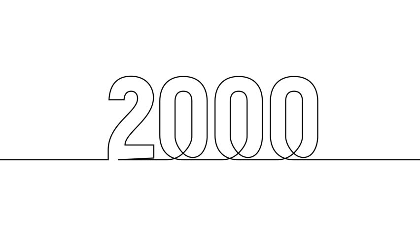 2000 new year continuous line art clip self drawing animation on white black background. single one line art written outline sketch illustration 2000 year numbers video
