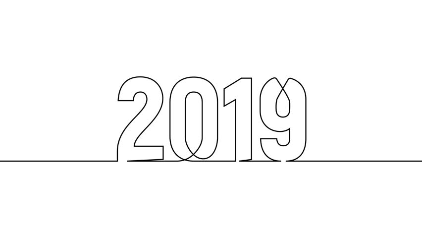 2019 new year continuous line art clip self drawing animation on white black background. single one line art written outline sketch illustration 2019 year numbers video