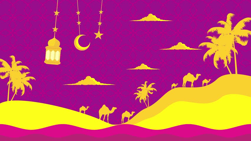 Animation of a desert Islamic landscape with silhouettes of camels, palm trees, and hanging lanterns under a crescent moon. Perfect for Ramadan, Eid, or Islamic festive content.