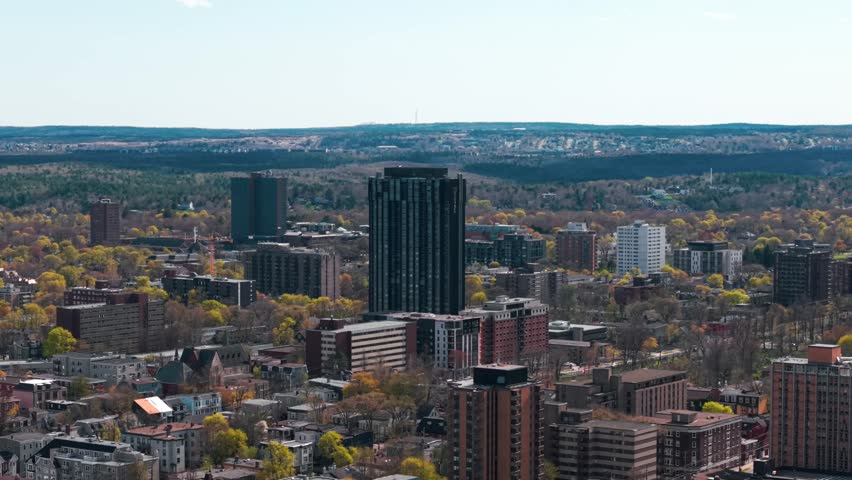Drone footage showcasing The Vuze Building and surrounding urban Halifax skyline.