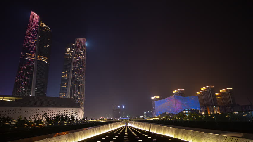 nanjing city night time illuminated famous youth cultural center riverside park timelapse panorama 4k china