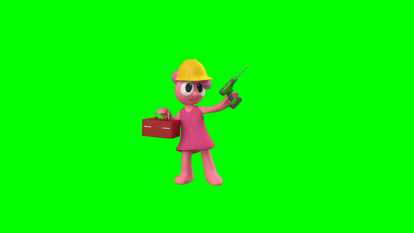 3D pink mascot character dressed as a construction builder on green screen. Ideal for digital assets, motion design, and creative marketing projects.