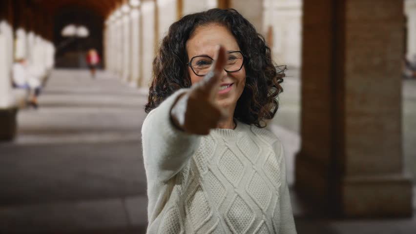 Woman with curly hair gesturing with finger in playful manner outside university campus walkway setting during daytime