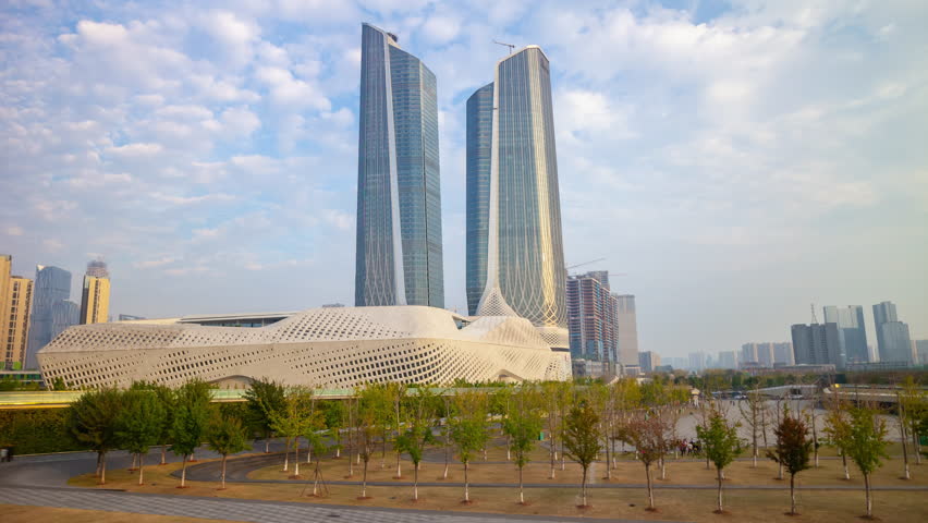 NANJING, CHINA - October 20, 2023: sunset time city famous international youth cultural center park timelapse panorama 4k