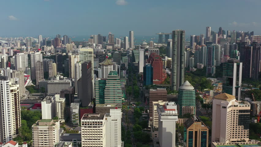 sunny day singapore city center downtown traffic street bay district aerial panorama 4k