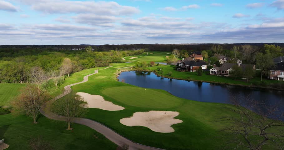 Aerial Drone Shot Above Scenic Golf Course on Typical Day in America. Sand Trap