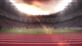 After one second fading in silver letters SPARK on red stadium track at dusk, pulsing floodlights. Motivation, energy, performance, athleticism, competition, illumination, motion - Powered by Shutterstock - Get 15% off with code: PIKWIZARD15