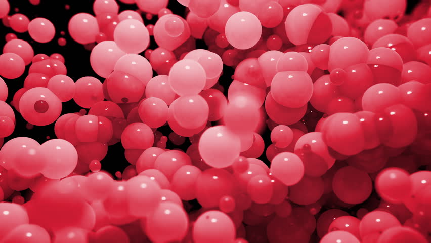 Close-up of red reflective spheres shifting and moving in abstract pattern on black background, minimal and glossy.