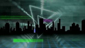 Flickering outlines forming bold RETRO letters above skyline on neon grid while glitch bars sliding. Futuristic, neon, digital, cyberpunk, abstract, dynamic, urban - Powered by Shutterstock - Get 15% off with code: PIKWIZARD15