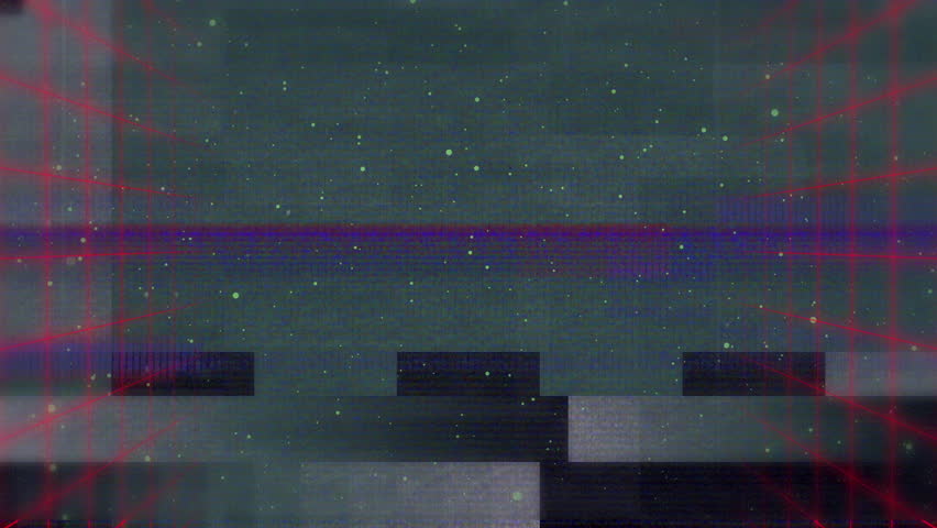 Emerging from glitch noise, neon CRT logo animating in digital space with diamond, red grid lines. Neon, abstract, digital, futuristic, glitch, cyber, technology