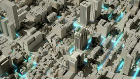 Overhead 3D view of city buildings with glowing blue lines moving along roads, symbolizing data flow. - Powered by Shutterstock - Get 15% off with code: PIKWIZARD15