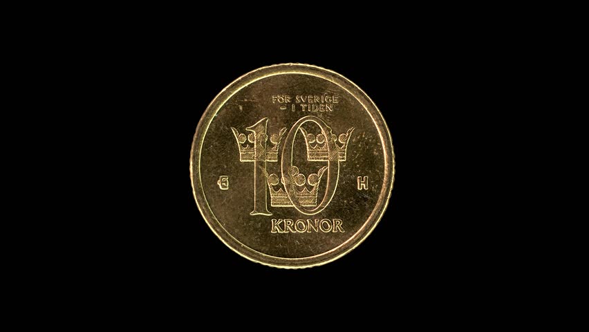 Sweden 2003 10 kronor coin reverse featuring three crowns value and royal motto rotating on black background