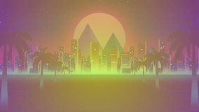Animating neon circle by fragments appearing and revealing Pixelate wordmark in dusk cityscape. Neon, cityscape, vaporwave, geometric, retro-futuristic, digital, vibrant - Powered by Shutterstock - Get 15% off with code: PIKWIZARD15