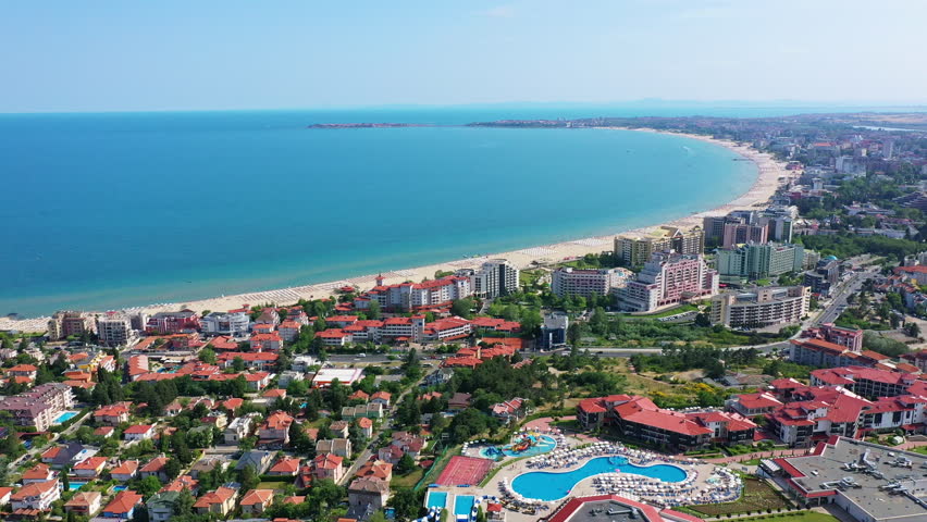 Aerial view to the largest seaside resort Sunny Beach on the Black Sea, Bulgaria