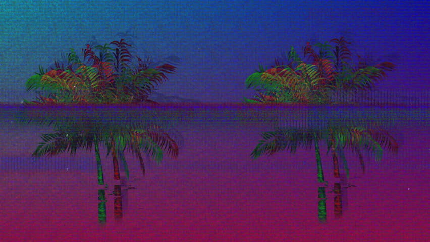 Animating colorful FLARE logo expanding above palm trees at sunset, with noise bar and disc shapes. Tropical, abstract, vibrant, digital, futuristic, cinematic, dynamic