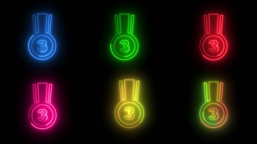 neon third place medal icon set, glowing bronze award bundle for competition and rankings