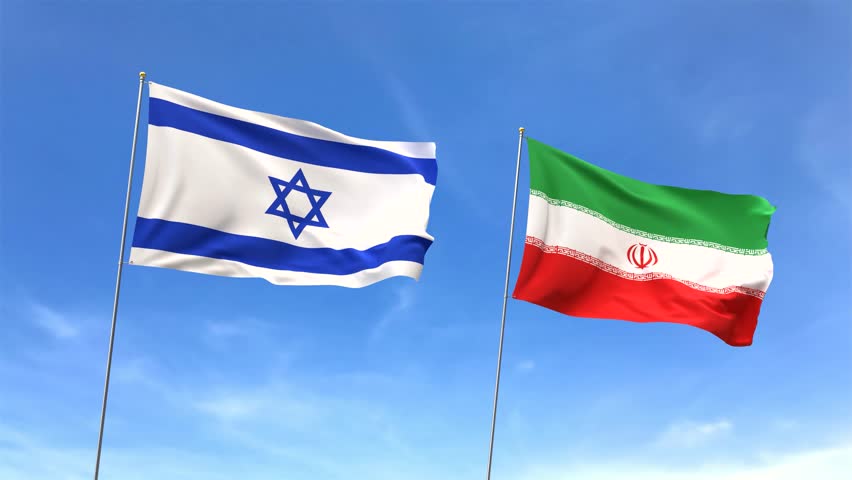 Looping video flags of Israel and Iran against a blue sky