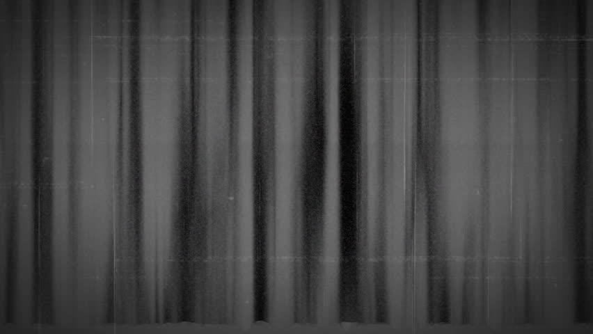 Opening pleated curtains revealing title text ACT TWO on empty stage, with film grain flickering. Theater, stage, drama, performance, cinematic, vintage, monochrome