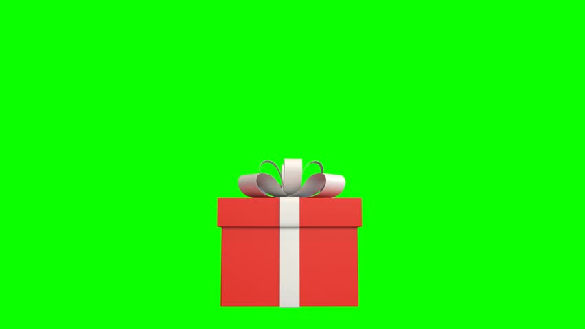 The gift box opens and colored confetti floats up on a green background