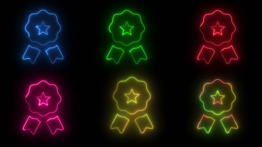 neon ribbon icon animation set, glowing star award badge bundle for achievement, quality promo, success visuals