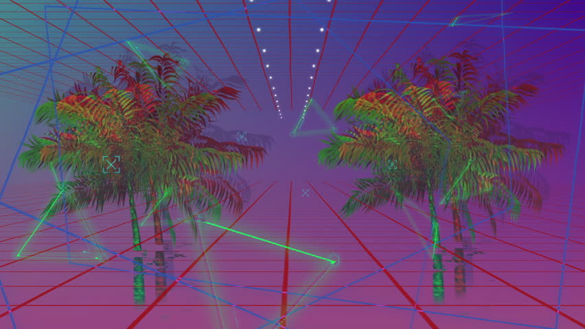 Sliding yellow-orange bar entering gradient grid realm with palm trees, unveiling pulsing COIN logo. Neon, futuristic, abstract, geometric, digital, vibrant, minimalistic