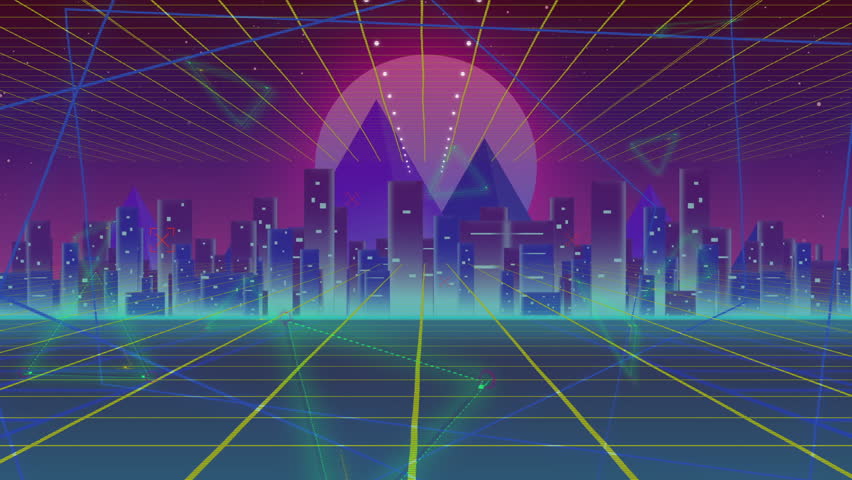 Emerging after 4-second pause, neon blue text spelling LAG above skyline on grid, with magenta sun. Futuristic, cyberpunk, nightlife, digital, kinetic, vibrant, urban