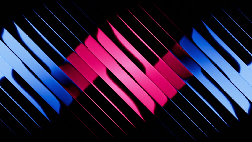 Cyclic 3D animation. A blue-pink gradient slides inside black glossy diagonal lines. Abstract minimalist background divided into stripes with reflection. Optical illusion with a transformation effect