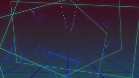 Rotating neon-green hexagonal frame guiding pastel capsules through blue grid tunnel, yellow bar. Futuristic, digital, abstract, vibrant, motion, immersive, technological - Powered by Shutterstock - Get 15% off with code: PIKWIZARD15