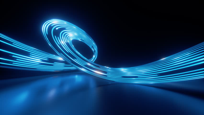 looping 3d animation. light pulses glide along curved neon lines. Abstract animated background of blue virtual ribbon with loop glowing in the dark. Digital data transfer concept
