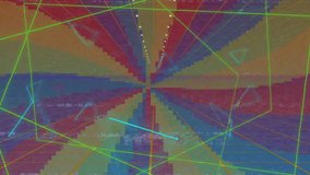 Opening tunnel in hall rotating wireframe polyhedron neon blue and yellow strokes glitch band. Abstract, digital art, futurism, technology, neon, dynamic, geometric - Powered by Shutterstock - Get 15% off with code: PIKWIZARD15