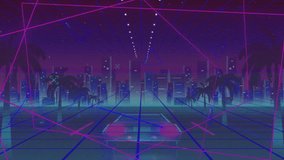 Retro-futuristic neon grid and tunnel unrolling toward magenta horizon, with pulsing red vehicle. Cyberpunk, futuristic, digital, vibrant, abstract, technological, urban - Powered by Shutterstock - Get 15% off with code: PIKWIZARD15