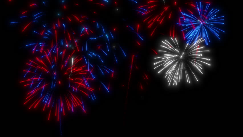 Looping red, white and blue fireworks display over black background. Digital animation. 4K. Looping.