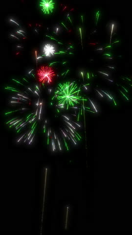 Red, White and Green fireworks display over black background. Digital animation. 4K. Looping.