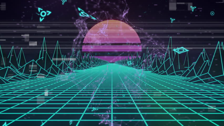 Opening wireframe grid under half-sun in cyberspace pulsing scanlines glitches and dissolving ORBIT. Futuristic, digital, cyber, neon, abstract, technology, virtual