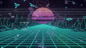 Opening wireframe grid under half-sun in cyberspace pulsing scanlines glitches and dissolving ORBIT. Futuristic, digital, cyber, neon, abstract, technology, virtual - Powered by Shutterstock - Get 15% off with code: PIKWIZARD15