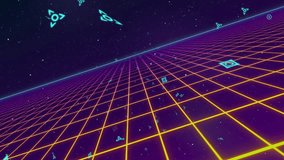 Starting neon purple grid plane in void accelerating cubes, glyphs, red VELOCITY text receding away. Futuristic, digital art, motion, technology, abstract, neon, speed - Powered by Shutterstock - Get 15% off with code: PIKWIZARD15