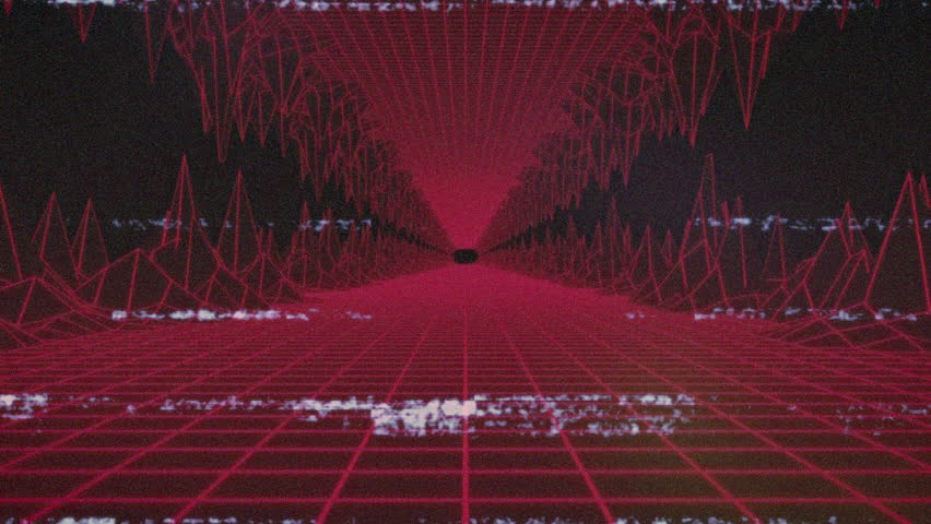 Opening grid flickering glitch revealing turquoise QUANTUM text then dissolving in retro tunnel. Cyberspace, digital, neon, sci-fi, virtual, technology, futuristic