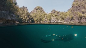 Man swims underwater in the lake full of jellyfish. West Papua, Misool, Indonesia - Powered by Shutterstock - Get 15% off with code: PIKWIZARD15