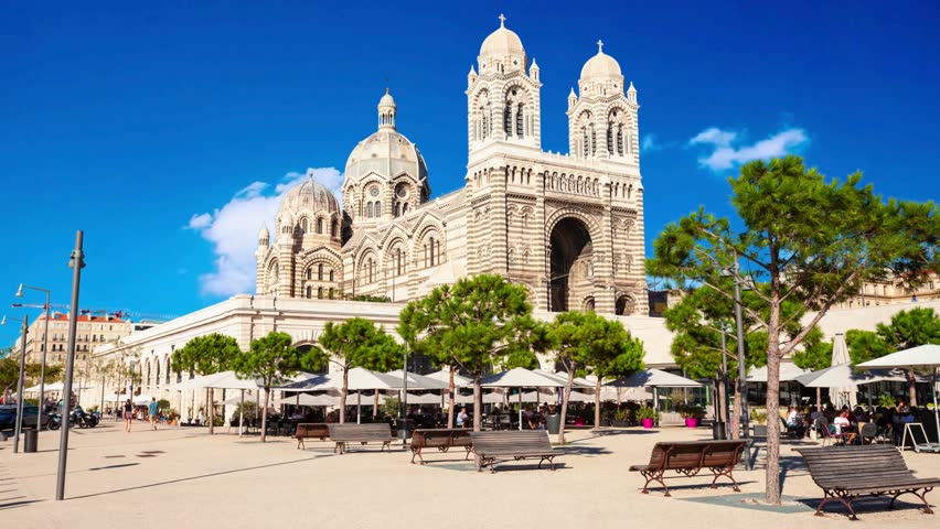 MARSEILLE, FRANCE - July 10, 2024: Cathedrale La Major outside distant view Catholic cathedral in Marseille, FranceNotre Dame de la Garde or Our Lady of the Guard is a catholic church in Marseille cit