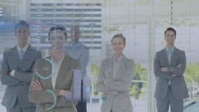 Business professionals standing in lobby with financial index table fading in, animating bar charts. Corporate, data, analytics, digital, modern, financial, dashboard - Powered by Shutterstock - Get 15% off with code: PIKWIZARD15