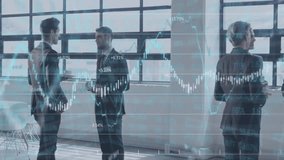 Soft daylight causing financial charts animating over team gesturing toward tablet analyzing data. Business, collaboration, modernity, analytics, startup, workspace, technology - Powered by Shutterstock - Get 15% off with code: PIKWIZARD15