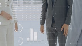 Business team initiating handshake, turning animated charts, graphs and world map marking partnership. Collaboration, networking, professionalism, teamwork, success, innovation, data visualization - Powered by Shutterstock - Get 15% off with code: PIKWIZARD15