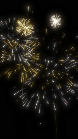 Golden fireworks display loop over black background. Digital animation. 4K.