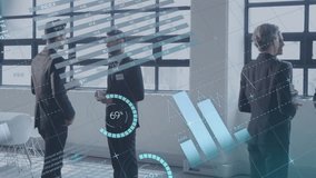 Business associates chatting near windows in loft conference and initiating animated chart overlays. Corporate, networking, data visualization, modern, collaboration, digital, professional - Powered by Shutterstock - Get 15% off with code: PIKWIZARD15