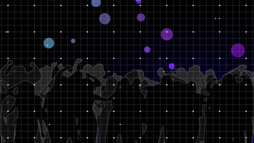 Colored circles descending over grid initiating waveform rippling and spiking in abstract scene. Abstract, data visualization, digital art, futuristic, motion, screen, technology - Powered by Shutterstock - Get 15% off with code: PIKWIZARD15