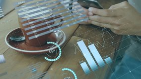 man tapping and holding smartphone over coffee cup, showing AR panels updating charts for finance. Technology, finance, business, data visualization, augmented reality, digital innovation, - Powered by Shutterstock - Get 15% off with code: PIKWIZARD15